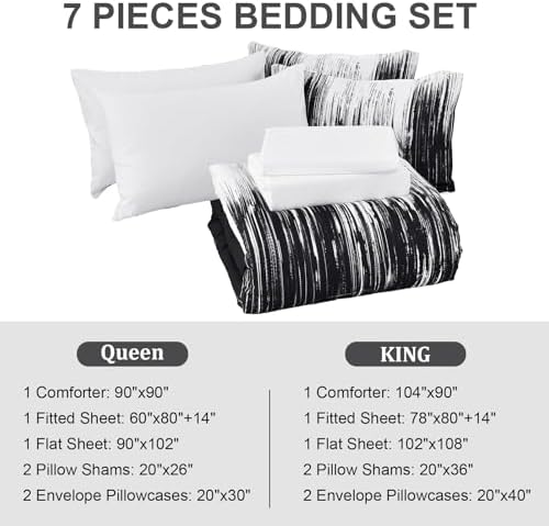 Dinjoy Ombre Black Comforter Set Queen Size Gradient Black White Boho Bedding Set for Teen Men Women 7 Pieces Bed in A Bag Bohemian Bed Set with Comforter, Sheets, Pillowcases & Shams