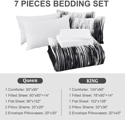 Dinjoy Ombre Black Comforter Set Queen Size Gradient Black White Boho Bedding Set for Teen Men Women 7 Pieces Bed in A Bag Bohemian Bed Set with Comforter, Sheets, Pillowcases & Shams