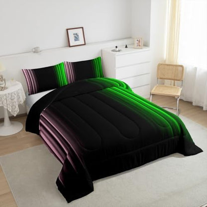 Feelyou Teens Abstract Ombre Decorations Bedding Set for Kids Women Pink Green and Black Comforter Set Geometric Modern Quilt Set Room 2Pcs Twin Size