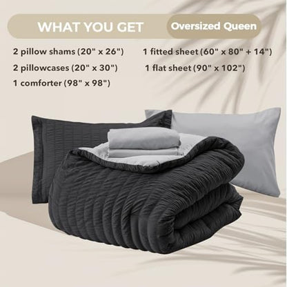 HYMOKEGE Black/Light Grey Oversized Queen Comforter Set Seersucker 7 Pieces, All Season Luxury Bed in a Bag for Bedroom, Bedding Set with Comforter, Sheets, Pillowcases & Shams