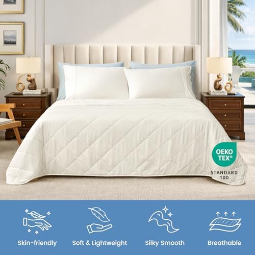 Cozy Bliss Cooling Blanket for Hot Sleepers Queen Size, Q-Max 0.45 Cooling Comfort, Cold Blankets for Night Sweats Sleeping, Ultra-Cool Lightweight Breathable Summer Blanket for Bed Off White