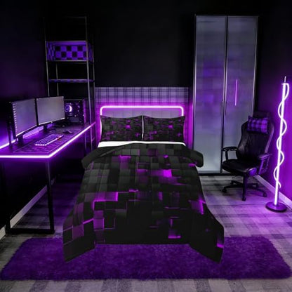Erosebridal Black Purple Comforter Set Full Neon Geometric Checkered Bedding Set for Girls Teen Women,Tereoscopic Grids Comforter Square Plaid Quilt Duvet Room Decor 3 Pcs