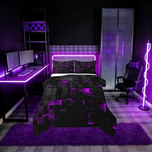 Erosebridal Black Purple Comforter Set Queen Neon Geometric Checkered Bedding Set for Girls Teen Women,Tereoscopic Grids Comforter Square Plaid Quilt Duvet Room Decor 3 Pcs