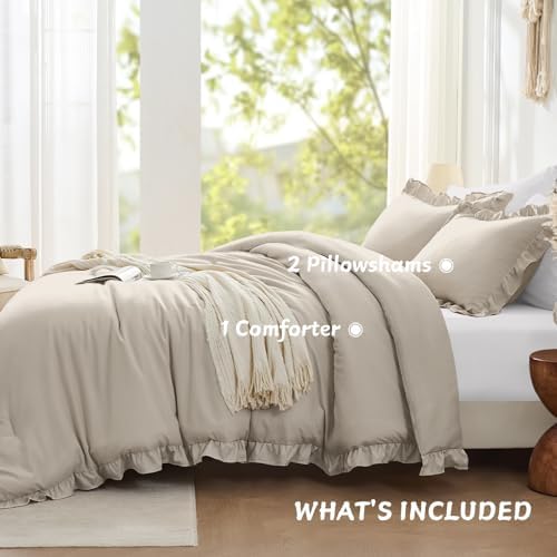 FUANNA Queen Comforter Set, 3 Pieces Bedding Sets, Ruffle Bed Set, Oatmeal