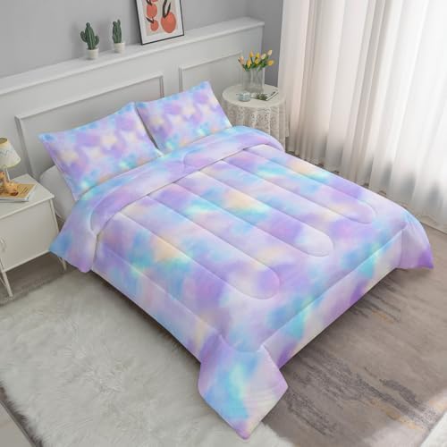 Axolotl Tie Dye Bedding Set King,Pink Blue Purple Cloud Comforter Set,Colorful Gradient Bedding,Tie Dye Pastel Comforter for Adults,Rainbow Gradient Clouds Bed for Women,1 Quilt 2 Pillowcases