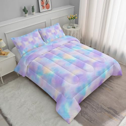 Axolotl Tie Dye Bedding Set King,Pink Blue Purple Cloud Comforter Set,Colorful Gradient Bedding,Tie Dye Pastel Comforter for Adults,Rainbow Gradient Clouds Bed for Women,1 Quilt 2 Pillowcases