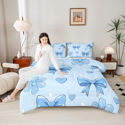 jejeloiu Bowknot Kids Comforter Set Toddler Size Bow Bedding Set Blue Duvet Quilt for Kids Boys Girls Bedroom Cute Bow-tie Decor Microfiber Ultra Soft Breathable