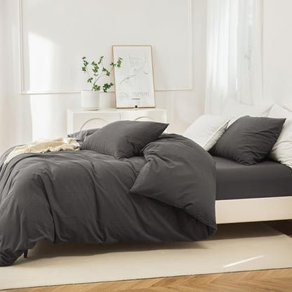 JIYUAN King Washed Cotton Duvet Cover Set, 3-Piece, Relaxed Linen Feel