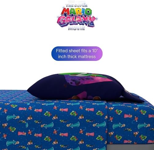 The Super Mario Galaxy Movie Bedding Set, Full Size 5 Piece Kids Super Soft Cozy Reversible Comforter and Sheet Set, (Officially Licensed Product) By Franco