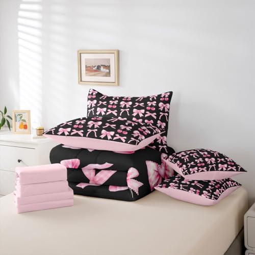 Pink Cherry Bow Comforter Set 7 Piece Bed in a Bag Twin, Cute Silk Ribbon Bowknot Bedding Sets Princess Bow Tie Comforter and Sheet Set, Dreamy Kawaii Room Decor,Girly Hot Pink and Black Room Decor