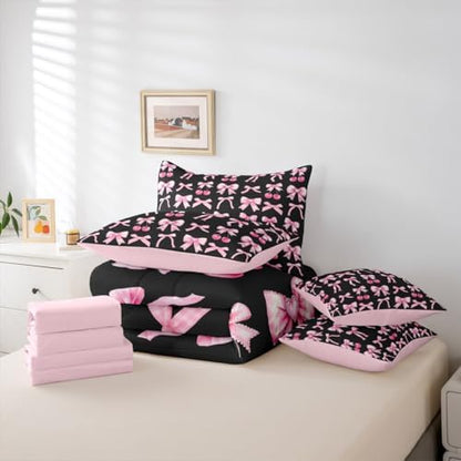 Pink Cherry Bow Comforter Set 7 Piece Bed in a Bag Twin, Cute Silk Ribbon Bowknot Bedding Sets Princess Bow Tie Comforter and Sheet Set, Dreamy Kawaii Room Decor,Girly Hot Pink and Black Room Decor