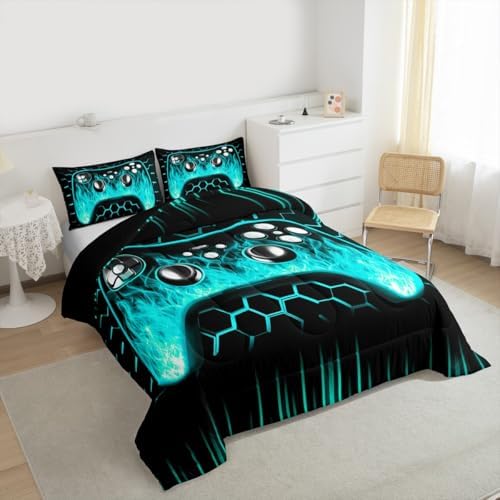 Erosebridal Honeycomb Gaming Boys Bedding Comforter Sets Teal Neon Lights Game Consoles Full Size Gaming Comforter Sets for Boys Ombre Art Geometry Hexagon Beehive Bed Set Gamer Decor for Boy