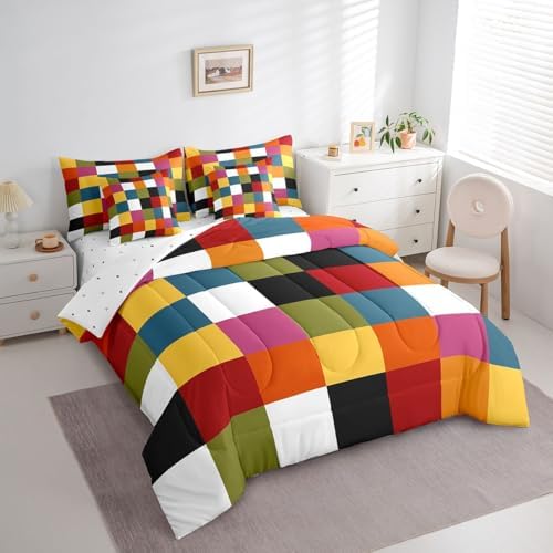 jejeloiu Classic Plaid Bedding Set 7Pcs King Size Kids Checkered Grid Comforter Set with Sheets for Boys Girls Geometric Buffalo Check Bed in a Bag Soft Lightweight,Microfiber