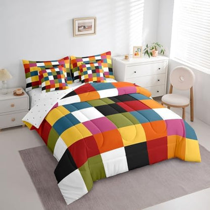 jejeloiu Classic Plaid Bedding Set 7Pcs King Size Kids Checkered Grid Comforter Set with Sheets for Boys Girls Geometric Buffalo Check Bed in a Bag Soft Lightweight,Microfiber