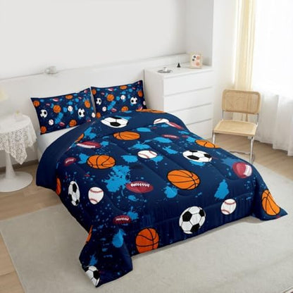 jejeloiu Ball Games Comforter Set All Season Soccer Basketball Baseball Football Bedding Set with 2 Pillow Cases Splash Ink Ball Games Microfiber Kids King Bedclothes Sports Theme Decor Duvet Quilt