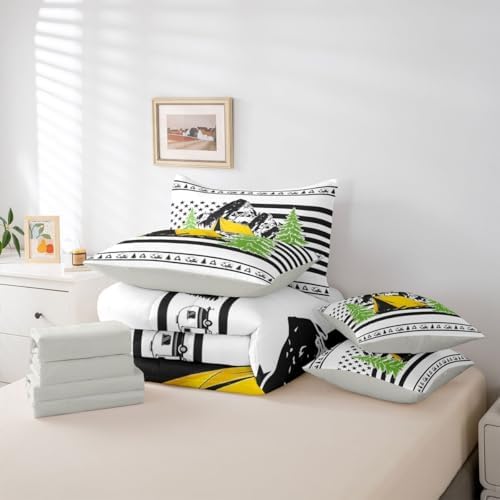 Erosebridal Happy Camping 7-Piece Bedding Set King Size Rv Camper Boys Bed in A Bag Pine Tree Camping Car Comforter Set with Sheets for Kids Teens Men Bedroom Rustic Farmhouse Bed Sets, Black White