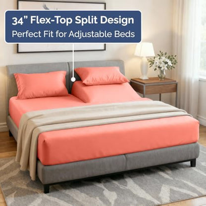 Flex Top Split Head King 4 Piece Sheet Set - Ultra-Soft, Breathable - Coral