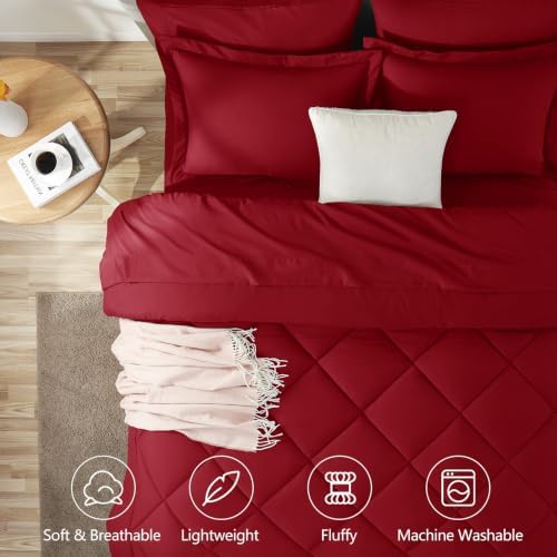 CozyLux Full Comforter Set 82"x86" Dark Red - 7 Piece Bed in a Bag