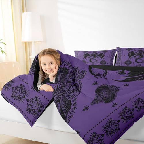 Purple Black Dragon Bedding Set Full Size,Vintage Boho Floral Print Comforter Set 3Pcs,Paisley Pattern Quilt Set for Kids Boys Girls Adult Room Decor Exotic Trippy Duvet Insert,2 Pillowcases