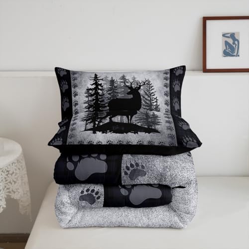 Castle Fairy Rustic Deer Plaid Comforter Set Twin Size Animal Hunting Bear Paw Print Bedding Set for Kids Boys Pine Trees Retro Grid Quilted Duvet Set with 1 Pillowcase,Polyester
