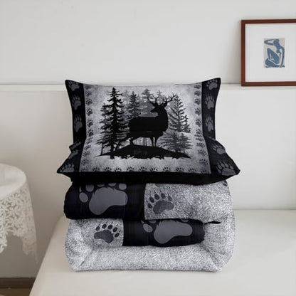 Rustic Deer Kids Comforter Set Queen Size,Wild Animal Bear Paw Print Bedding Set Hunting Cabin Decor Quilt Set for Adult Bedroom,Pine Trees Grid Plaid Polyetser Bed Duvet Insert, 2 Pillowcases