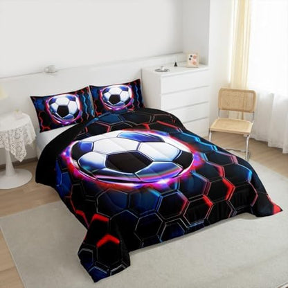 Football Kids Bedding Set Queen Size,Soccer Game Ball Sports Comforter Set，Geometric Honeycomb Hexagon Quilt Comforter,Black Red Bedroom Duvet Insert,2 Pillowcases