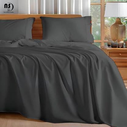 NON Sticky cotton King 4 Piece Sheet Set, 100% Long Staple Cotton, Soft Cooling Hotel Luxury Bedding Sheets, Deep Pocket Fits 10" to 18" Mattress, 78" x 80", Dark Grey Solid