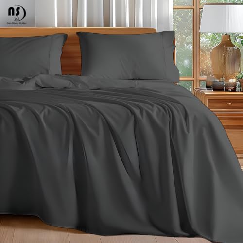 NON Sticky cotton Full 4 Piece Sheet Set, 100% Long Staple Cotton, Soft Cooling Hotel Luxury Bedding Sheets, Deep Pocket Fits 10" to 18" Mattress, 54" x 75", Dark Grey Solid