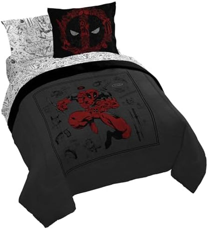 Marvel Deadpool Queen Comforter Set 7 Piece Bedding for Boys, Gray
