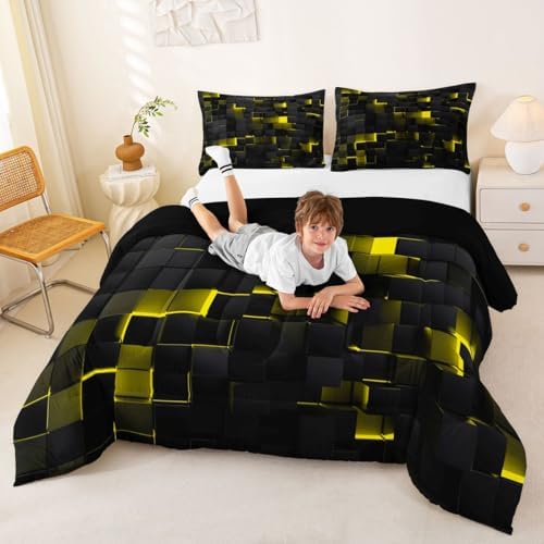 Erosebridal Black Yellow Comforter Set King Neon Geometric Checkered Bedding Set for Kids Adults Abstract Stereoscopic Grids Quilt Square Plaid Bed Set 3 Pcs Gamer Room Decor