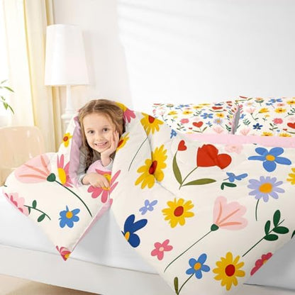 jejeloiu Cute Flower Comforter Set Full Size Floral Botanical Pattern Bedding Set for Kids Boys Girls Kawaii Duvet Quilt Blossom Flowers Pattern Bedroom Decor Microfiber 3 Pcs with 2 Pillow Cases