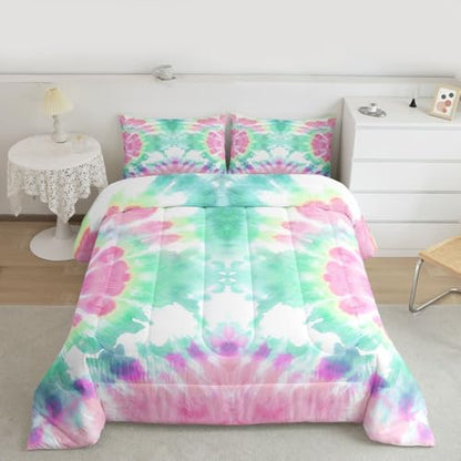 Erosebridal Kids Tie Dye Comforter Set, Bohemian Psychedelic Duvet Sets Full Size for Girls Boys Teens Women Bedroom, Boho Gypsy Spiral Bedding Set Watercolor Trippy Duvet Insert, Pink Teal Blue