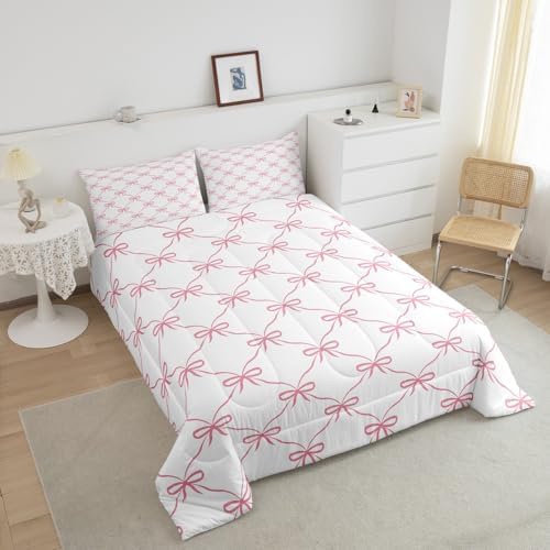 Manfei Pink Bow Comforter Set King Size, Cute Bowknot Geometric Lattice Patchwork Bedding Set 3pcs, Princess Kawaii Bow Tie Down Comforter for All Season, Kids Girls Room Decor, 2 Pillowcases
