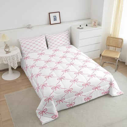 Manfei Pink Bow Comforter Set King Size, Cute Bowknot Geometric Lattice Patchwork Bedding Set 3pcs, Princess Kawaii Bow Tie Down Comforter for All Season, Kids Girls Room Decor, 2 Pillowcases