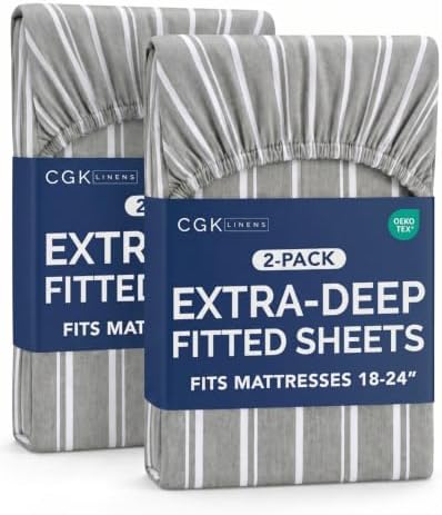 CGK Linens 2 Pack Extra Deep Queen Fitted Sheets - Grey Stripes