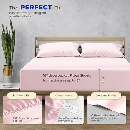 THREAD SPREAD California King Bed Sheets, Luxury 1000 Series Paradise Collection 100% Egyptian Cotton Cal King Sheets Set (6 PC, Blush), Soft, Cooling, Sateen, 16" Deep Pocket Hotel Sheet Set