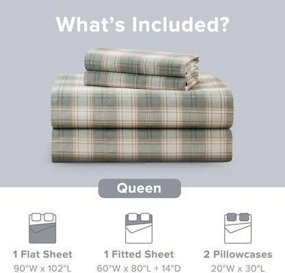 Comfort Spaces 100% Cotton Percale Sheets Queen Size 4 Piece, Wesley Green