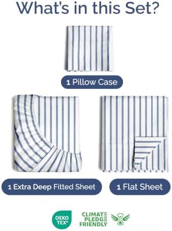 Extra Deep Pocket Twin XL Sheet Set - Breathable & Cooling - Blue Stripes