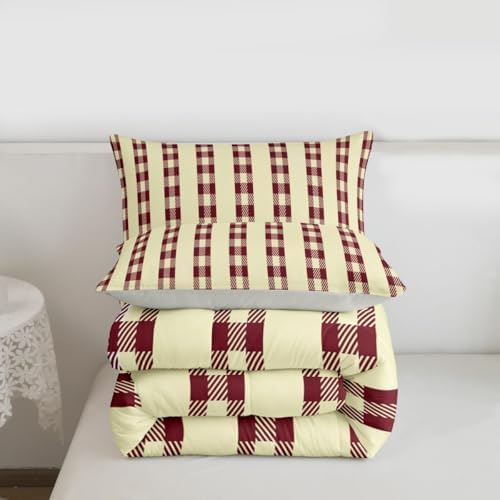 jejeloiu Red Brown Plaid Comforter Set All Season Stripes Bedding Set with 1 Pillow Cases Check Checkered Microfiber Kids Twin Bedclothes Grid Geometric Bedroom Decor Duvet Quilt Breathable Soft