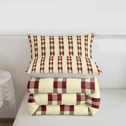 jejeloiu Red Brown Plaid Comforter Set All Season Stripes Bedding Set with 1 Pillow Cases Check Checkered Microfiber Kids Twin Bedclothes Grid Geometric Bedroom Decor Duvet Quilt Breathable Soft