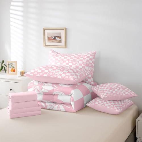 Erosebridal Pink Fashion Y2K Full Bedding Set 7 Piece For Girls Room Decor,Girly Coquette Bowknot Comforter Set For Kids Teen Women,Cherry Lucky 8 Ball Bed In A Bag With Sheets Cute Pink Plaid Bed Set