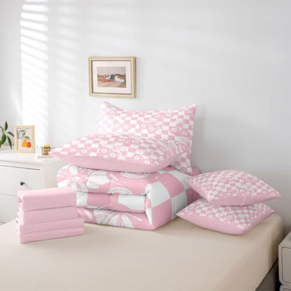 Erosebridal Pink Fashion Y2K Twin Bedding Set 7 Piece For Girls Room Decor,Girly Coquette Bowknot Comforter Set For Kids Teen Women,Cherry Lucky 8 Ball Bed In A Bag With Sheets Cute Pink Plaid Bed Set
