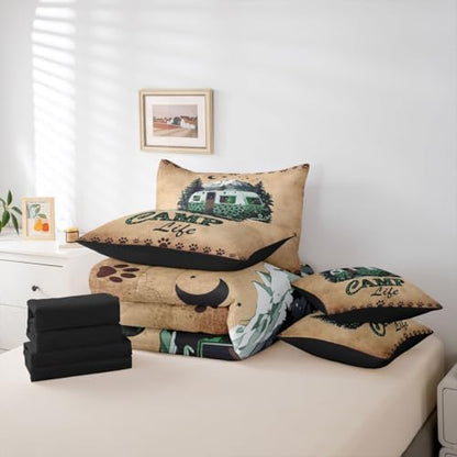 Happy Camping Bed In A Bag Twin Size Leopard Print Camper Comforter Set With Sheets For Kids Teens Adult Bedroom Decor Rustic Cabin Lodge 7 Piece Bedding Set Vintage Rv Farmhouse Bed Sets, Brown Green