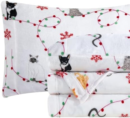 Elegant Comfort Luxuriously Soft 4-Piece Holiday Velvet Plush Flannel Sheet Set - Premium Quality - Cozy Warm, Christmas Fuzzy Velvet Flannel Fleece Deep Pocket Sheet Set - Twin XL, Jingle Cats