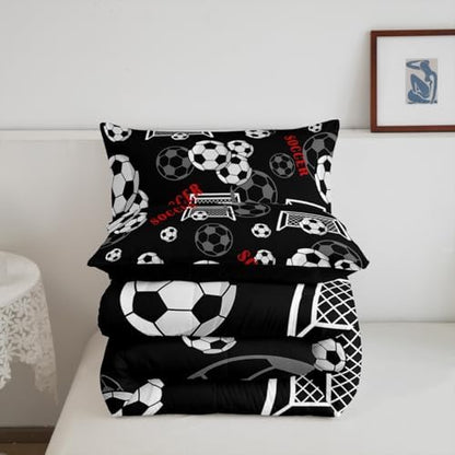 Teens Black White Soccer Comforter Set Queen Size,Football Gate Bedding Set for Kids Boys Girls Bedroom Decoration,Ball Games Bed Duvet Insert,Soccer Sketches Comforter with 2 Pillowcases