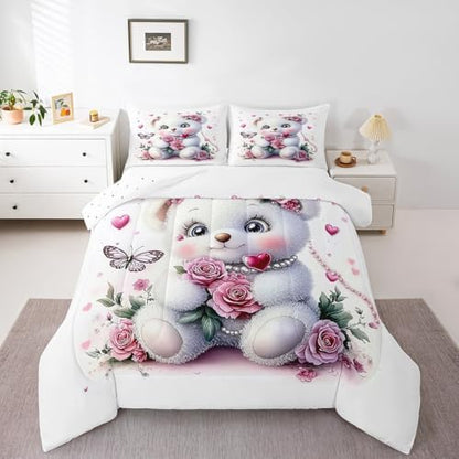 Feelyou Kids Cute Bear Comforter Set Queen Size Pink Rose Butterfly Love Heart Bedding Set Boys Girls Flowers Floral Quilt Set Cartoon Kawaii Animal Pattern Bed Set
