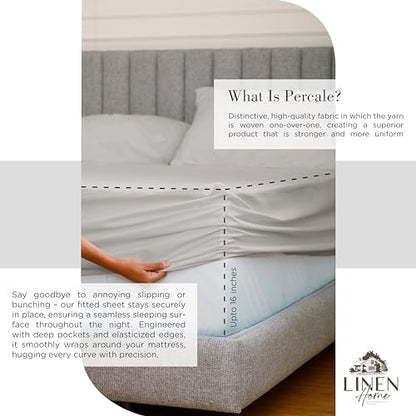 Linen Home 100% Cotton Percale Sheets Queen Size, Silver, Deep Pocket, 6 Pieces Set- 1 Flat, 1 Fitted and 4 Pillowcases, Crisp Cool and Long Staple Strong Bed Linen