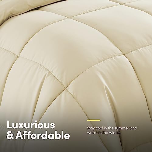 Sweet Home Collection 7 Piece Comforter Set Bag Solid Color All Season Soft Down Alternative Blanket & Luxurious Microfiber Bed Sheets, Beige, Full