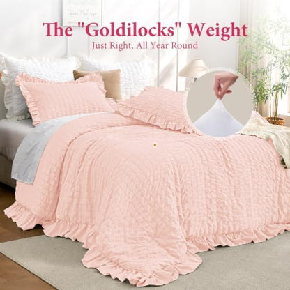 JOLLYVOGUE Blush Pink King Comforter Set,3pcs Seersucker Comforters King