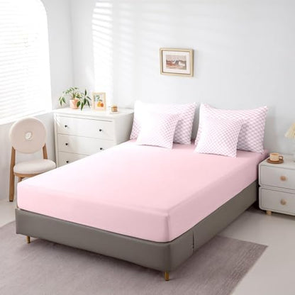 jejeloiu Pink and White Bedding Set 7Pcs Full Size Kids Plaid Checkered Comforter Set with Sheets for Boys Girls Classic Grid Buffalo Check Bed in a Bag Soft Lightweight,Microfiber